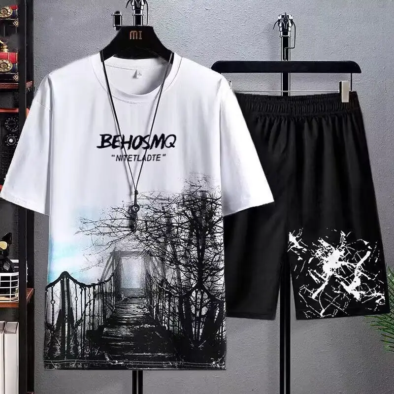 Men Ice Silk Graphic Shorts Set Black Summer Casual - Image 16