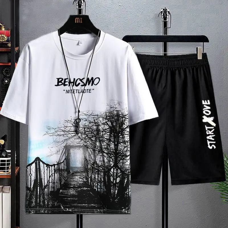 Men Ice Silk Graphic Shorts Set Black Summer Casual - Image 7