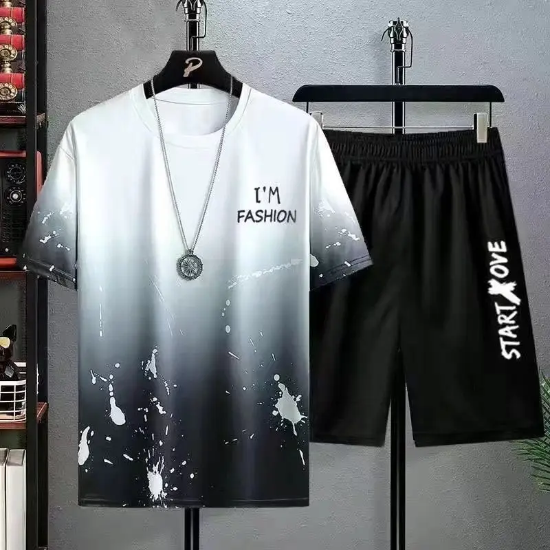 Men Ice Silk Graphic Shorts Set Black Summer Casual - Image 9
