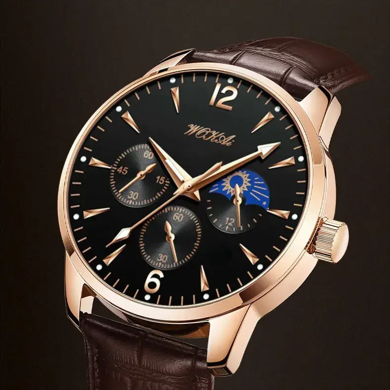 2025 Wokai Men's Leather Strap Quartz Watch with Three Eyes Design - Image 3