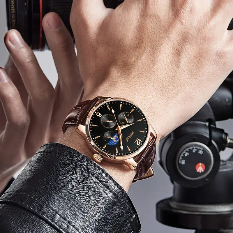 2025 Wokai Men's Leather Strap Quartz Watch with Three Eyes Design - Image 4