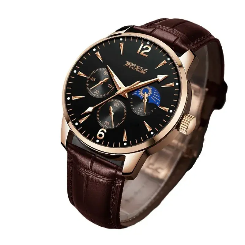 2025 Wokai Men's Leather Strap Quartz Watch with Three Eyes Design - Image 6