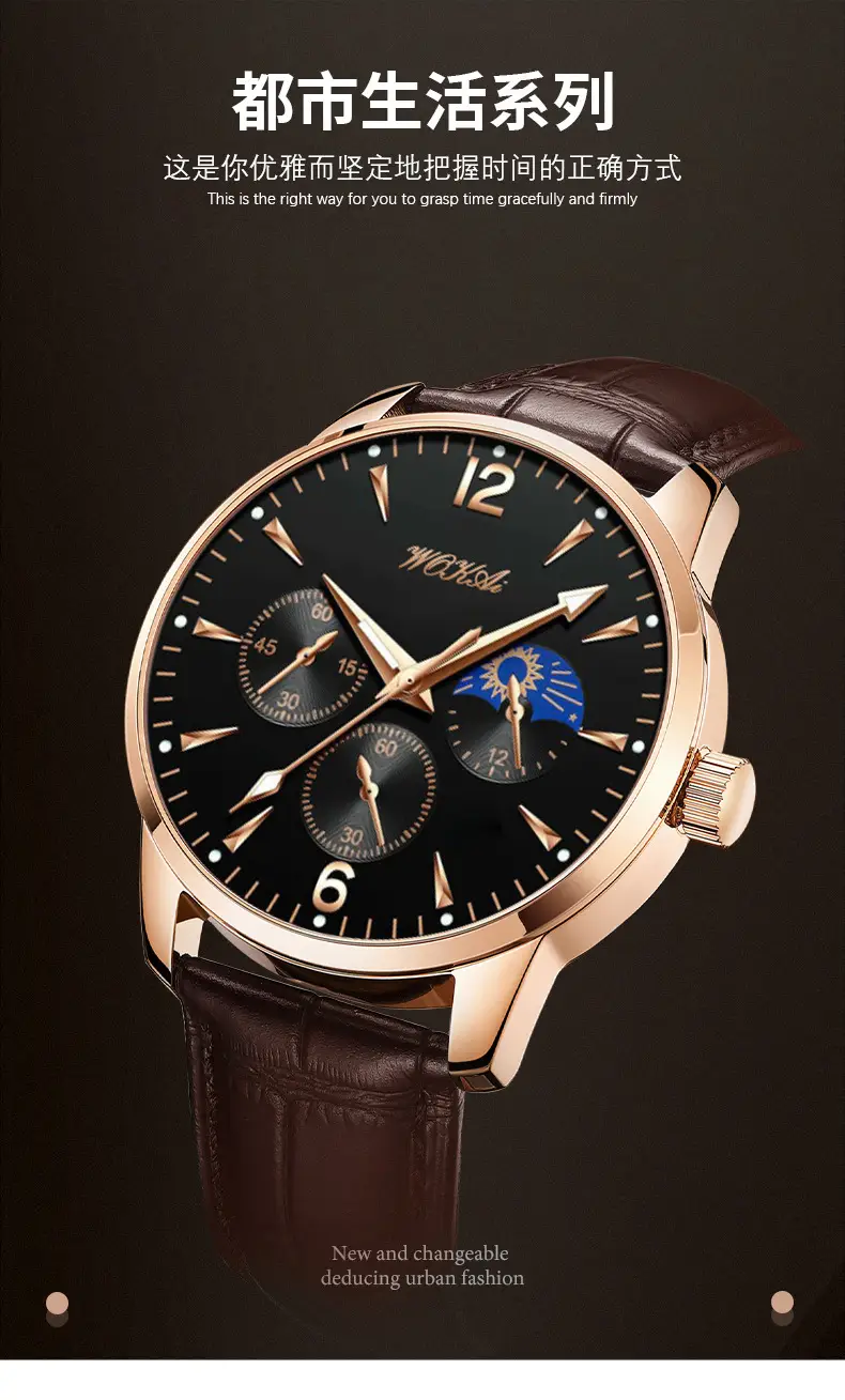 2025 Wokai Men's Leather Strap Quartz Watch with Three Eyes Design — feature 1