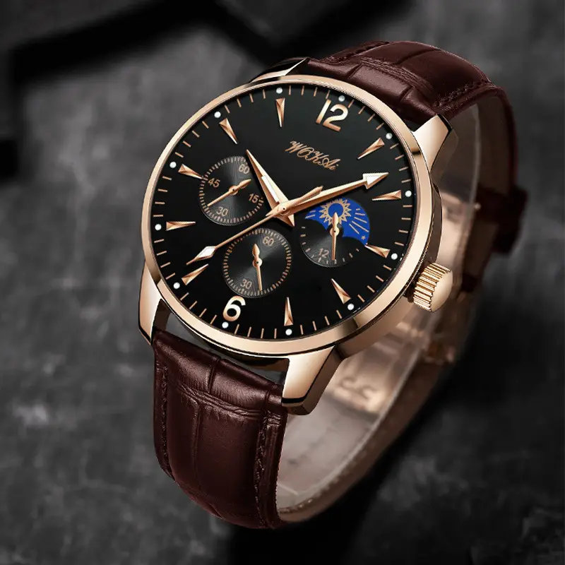 2025 Wokai Men's Leather Strap Quartz Watch with Three Eyes Design — feature 2
