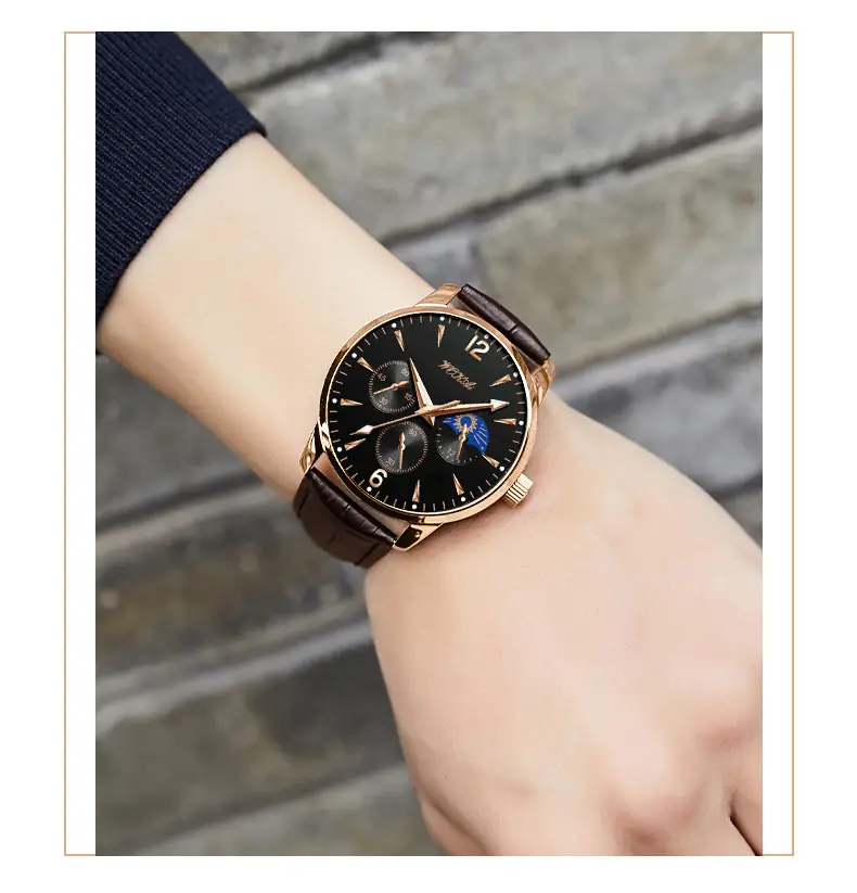 2025 Wokai Men's Leather Strap Quartz Watch with Three Eyes Design — feature 8