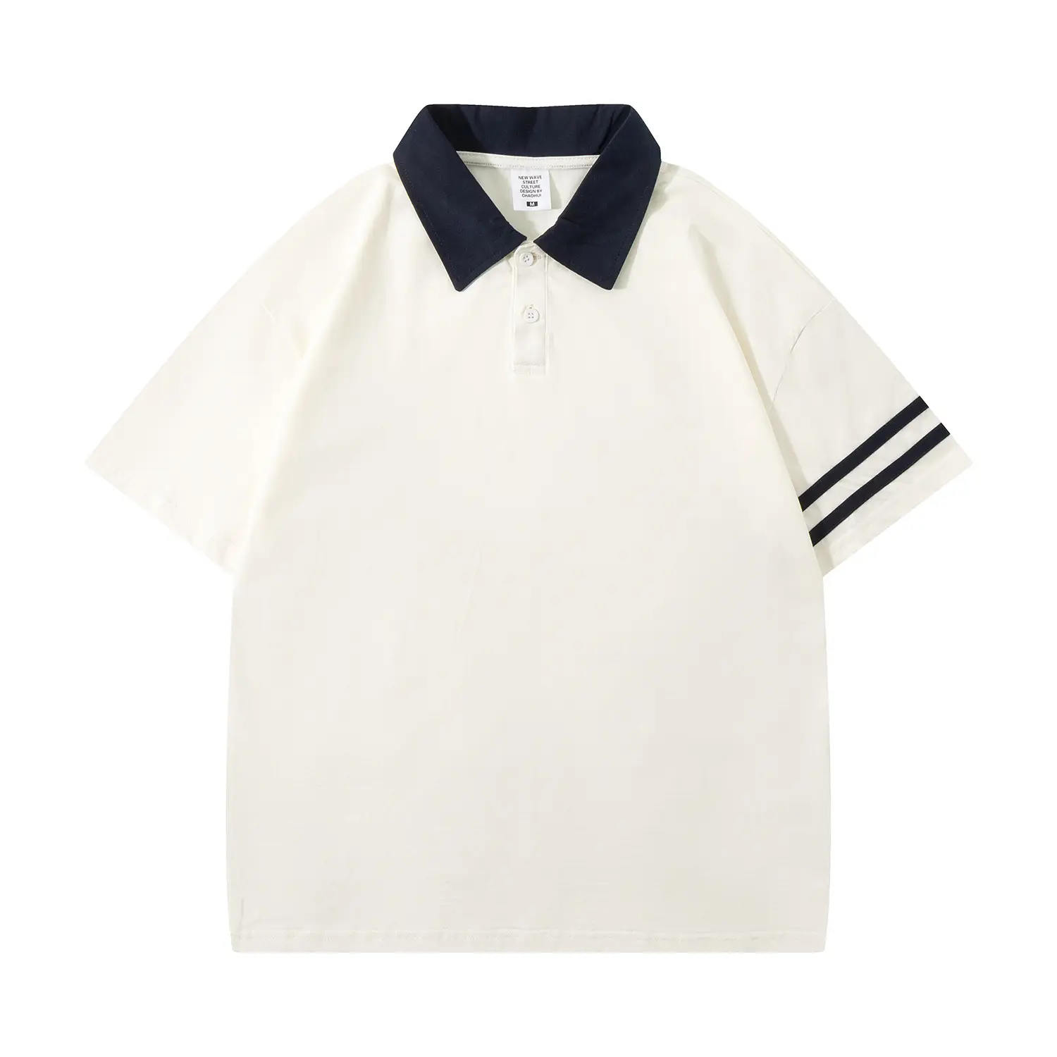 2024 Cotton Polo Shirt Cream Black Lapel Short Sleeve - Image 4