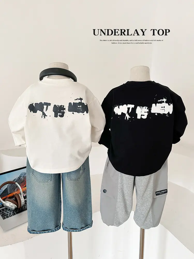 White Korean Letter T-Shirt for Boys Autumn - Image 2