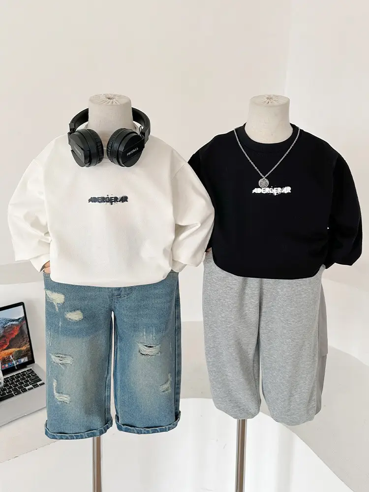 White Korean Letter T-Shirt for Boys Autumn - Image 3