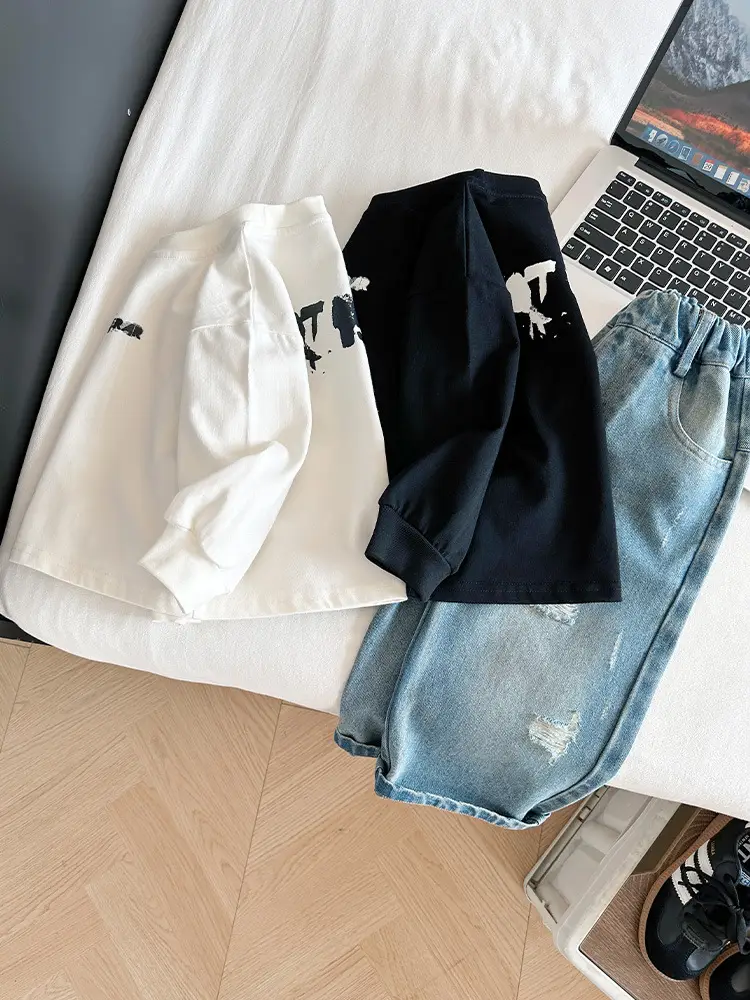 White Korean Letter T-Shirt for Boys Autumn - Image 4