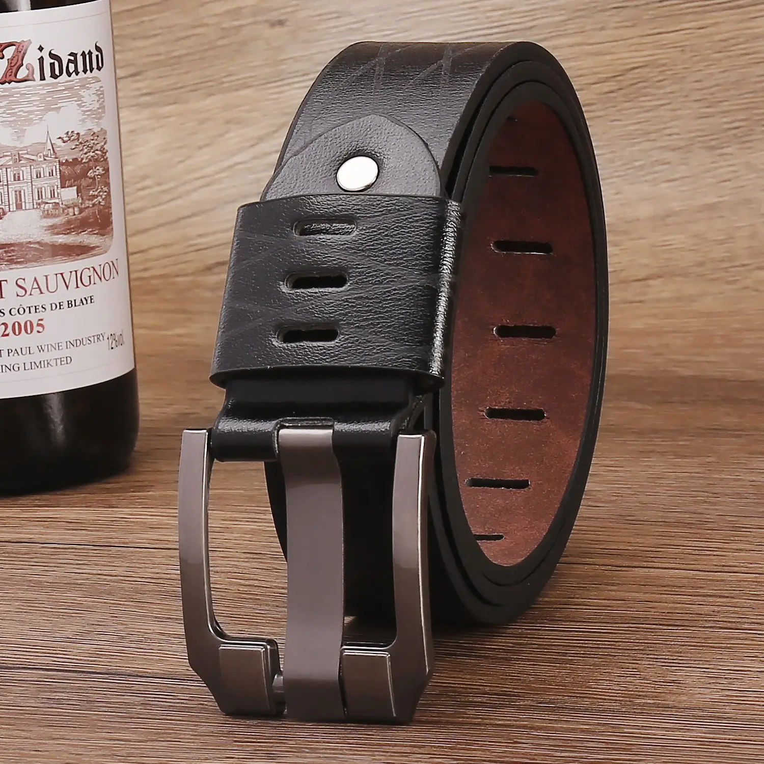 Men's Leather Belt with Metal Buckle Brown - Image 18