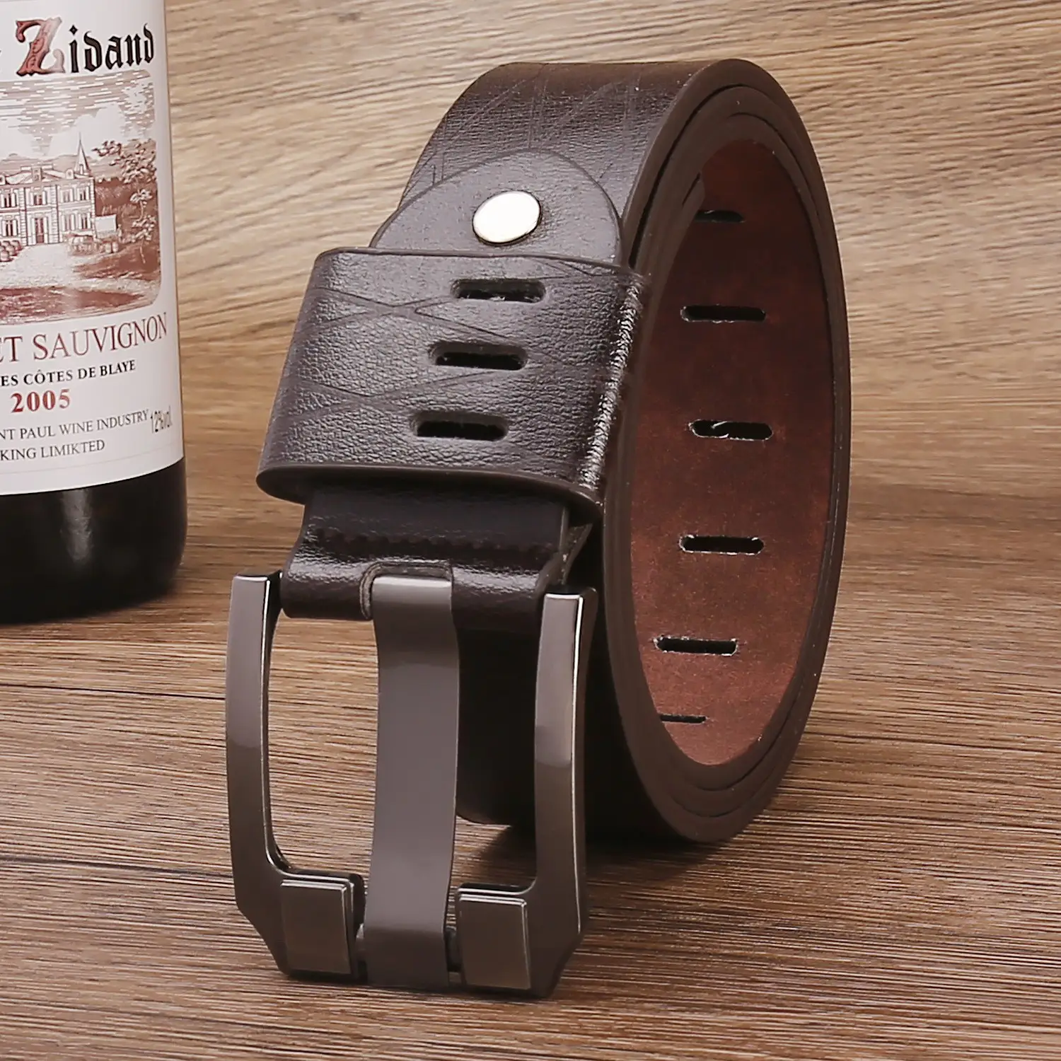 Men's Leather Belt with Metal Buckle Brown - Image 19