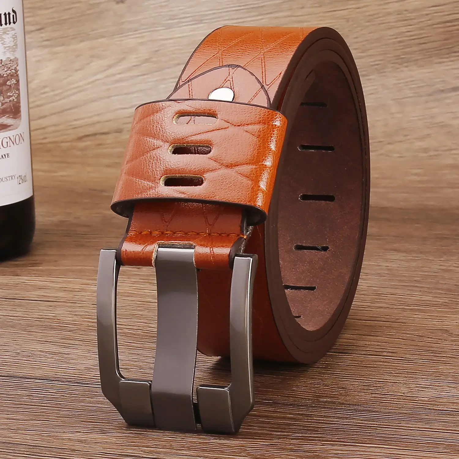 Men's Leather Belt with Metal Buckle Brown - Image 20