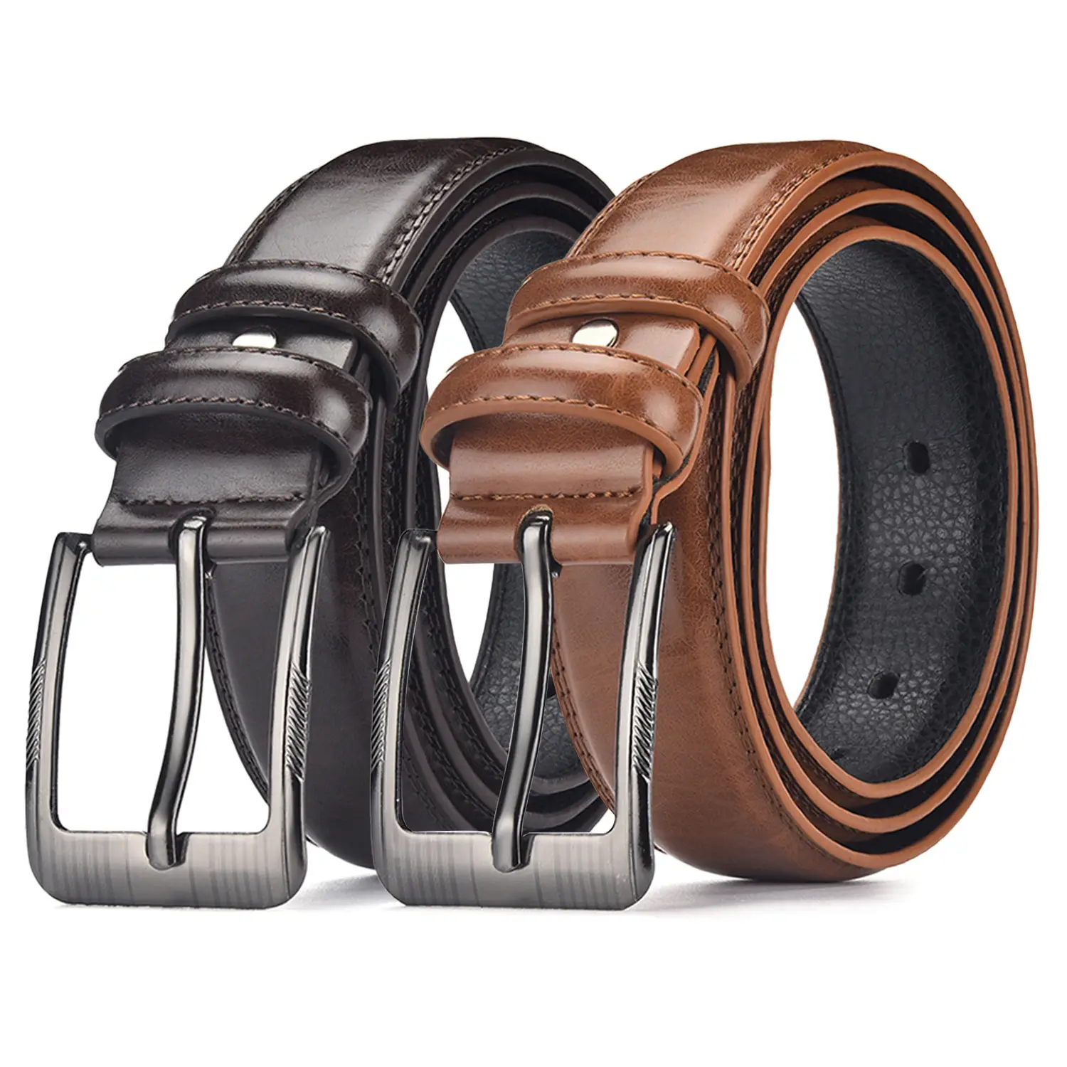 Men's Leather Belt with Metal Buckle Brown - Image 26