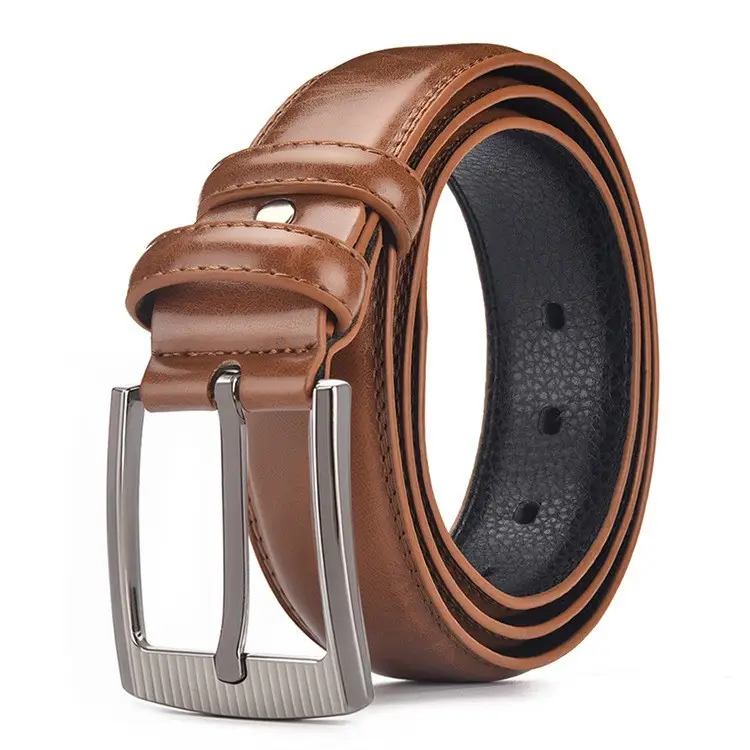 Men's Leather Belt with Metal Buckle Brown - Image 5