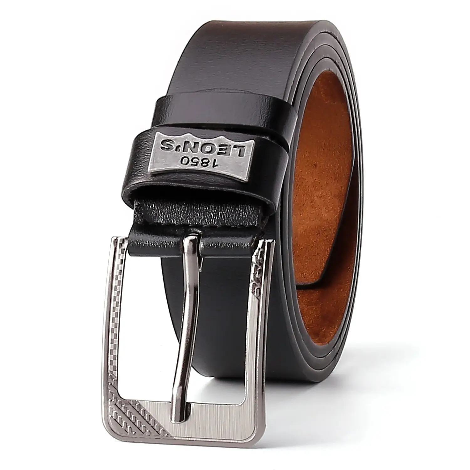 Men's Leather Belt with Metal Buckle Brown - Image 6