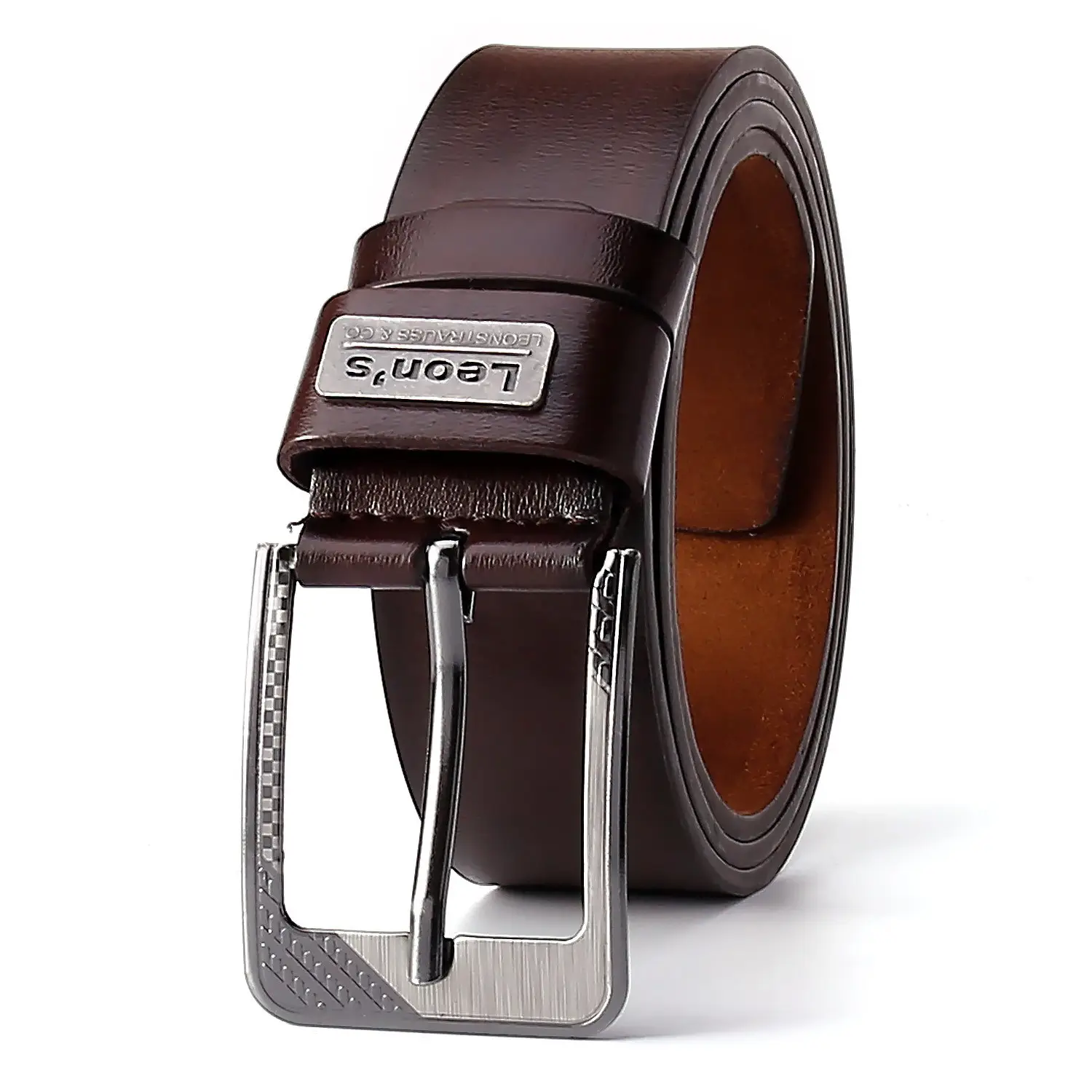 Men's Leather Belt with Metal Buckle Brown - Image 7