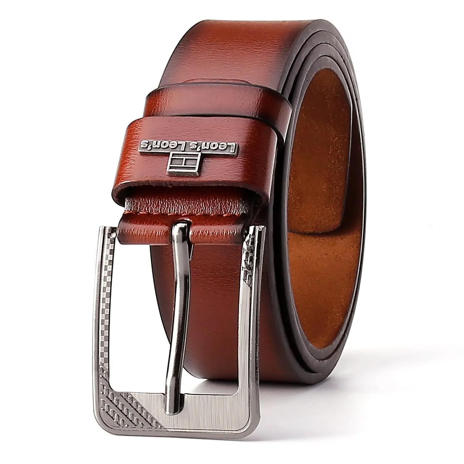 Men's Leather Belt with Metal Buckle Brown - Image 8