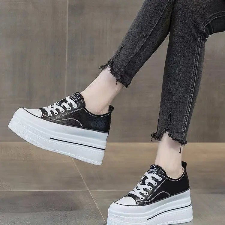 Women's Height-Increasing White Sneakers 2024 Spring New Round-Toe Lace-Up Breathable Student Height-Increasing Casual Platform Shoes with High Heels - Image 4