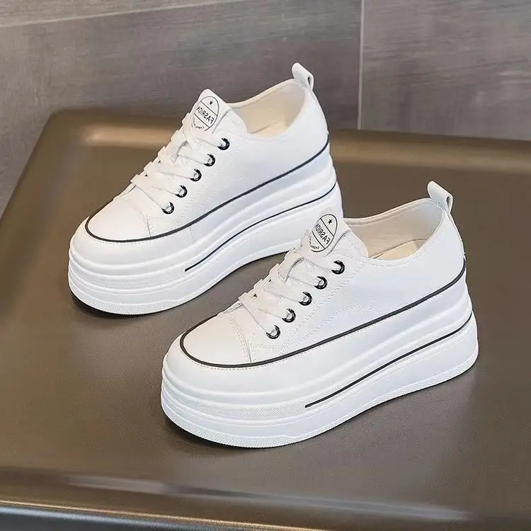 Women's Height-Increasing White Sneakers 2024 Spring New Round-Toe Lace-Up Breathable Student Height-Increasing Casual Platform Shoes with High Heels - Image 6