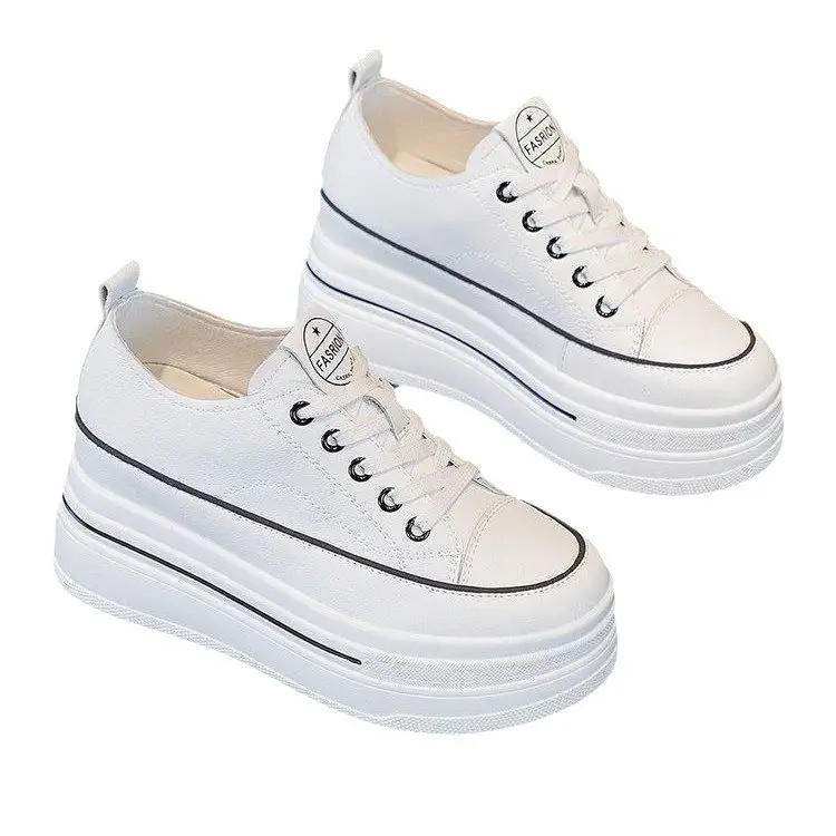 Women's Height-Increasing White Sneakers 2024 Spring New Round-Toe Lace-Up Breathable Student Height-Increasing Casual Platform Shoes with High Heels - Image 7