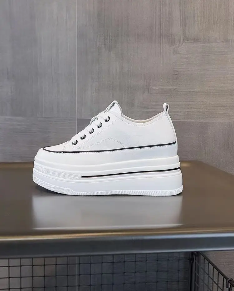 Women's Height-Increasing White Sneakers 2024 Spring New Round-Toe Lace-Up Breathable Student Height-Increasing Casual Platform Shoes with High Heels — feature 10