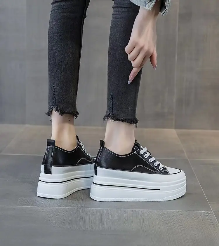 Women's Height-Increasing White Sneakers 2024 Spring New Round-Toe Lace-Up Breathable Student Height-Increasing Casual Platform Shoes with High Heels — feature 11