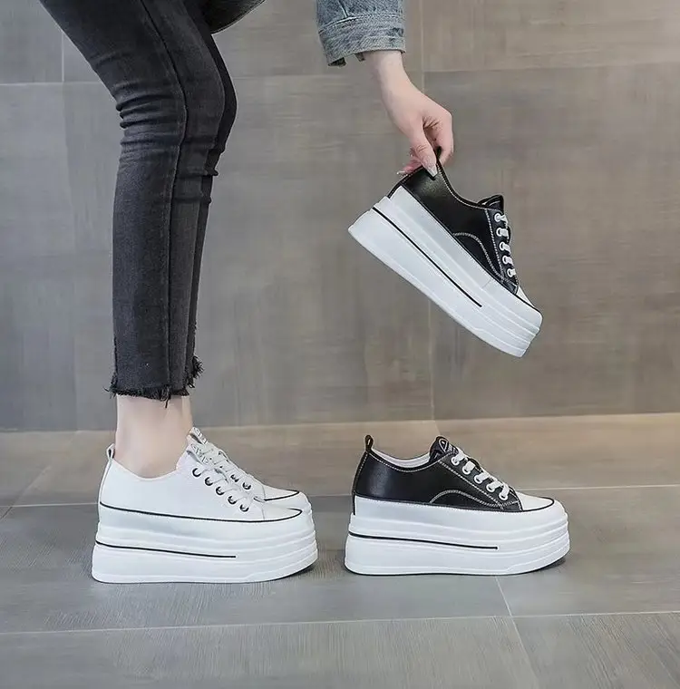 Women's Height-Increasing White Sneakers 2024 Spring New Round-Toe Lace-Up Breathable Student Height-Increasing Casual Platform Shoes with High Heels — feature 12