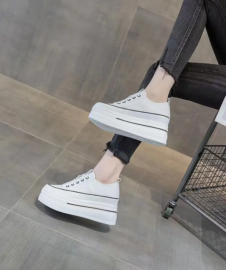 Women's Height-Increasing White Sneakers 2024 Spring New Round-Toe Lace-Up Breathable Student Height-Increasing Casual Platform Shoes with High Heels — feature 13
