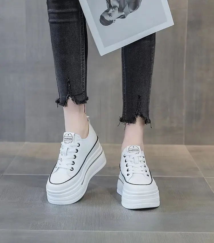 Women's Height-Increasing White Sneakers 2024 Spring New Round-Toe Lace-Up Breathable Student Height-Increasing Casual Platform Shoes with High Heels — feature 14