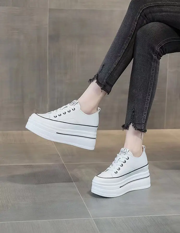 Women's Height-Increasing White Sneakers 2024 Spring New Round-Toe Lace-Up Breathable Student Height-Increasing Casual Platform Shoes with High Heels — feature 15