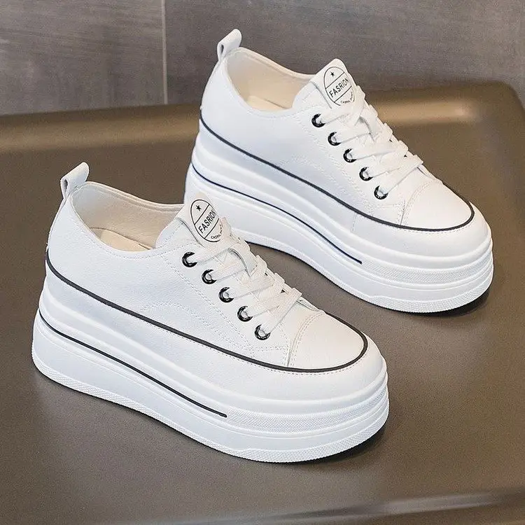 Women's Height-Increasing White Sneakers 2024 Spring New Round-Toe Lace-Up Breathable Student Height-Increasing Casual Platform Shoes with High Heels — feature 2