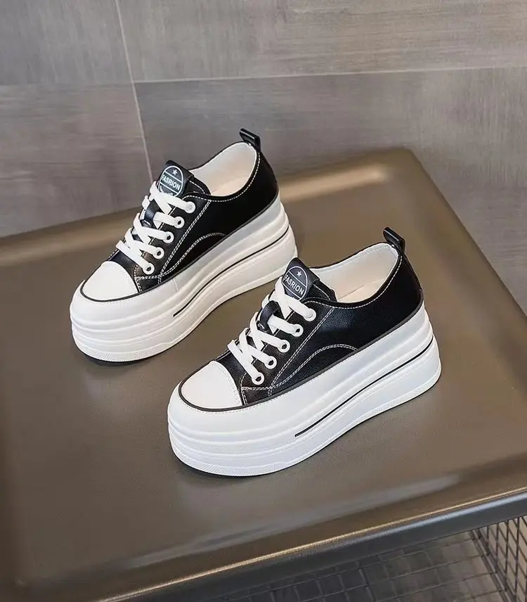 Women's Height-Increasing White Sneakers 2024 Spring New Round-Toe Lace-Up Breathable Student Height-Increasing Casual Platform Shoes with High Heels — feature 3
