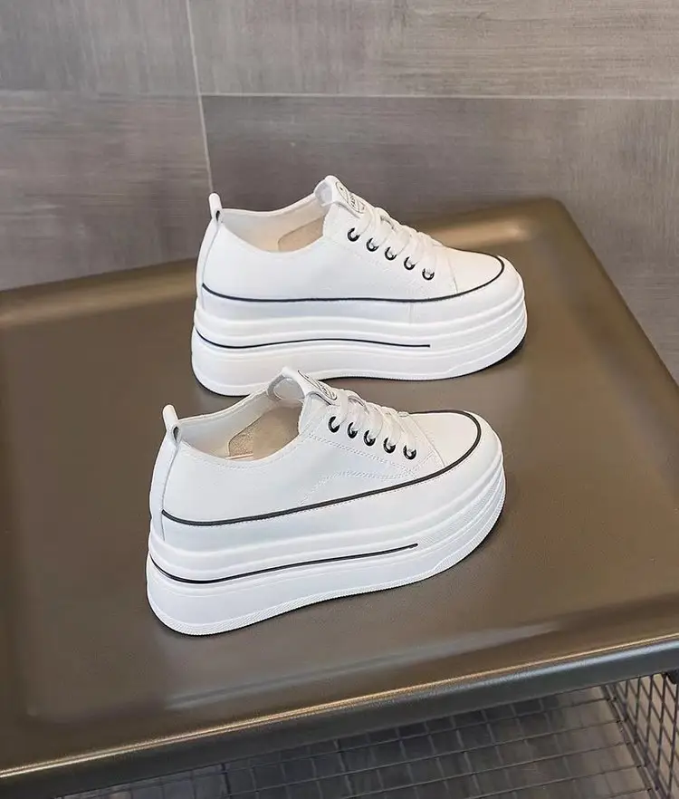 Women's Height-Increasing White Sneakers 2024 Spring New Round-Toe Lace-Up Breathable Student Height-Increasing Casual Platform Shoes with High Heels — feature 4