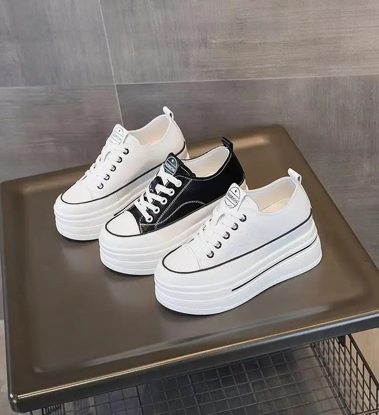Women's Height-Increasing White Sneakers 2024 Spring New Round-Toe Lace-Up Breathable Student Height-Increasing Casual Platform Shoes with High Heels — feature 5