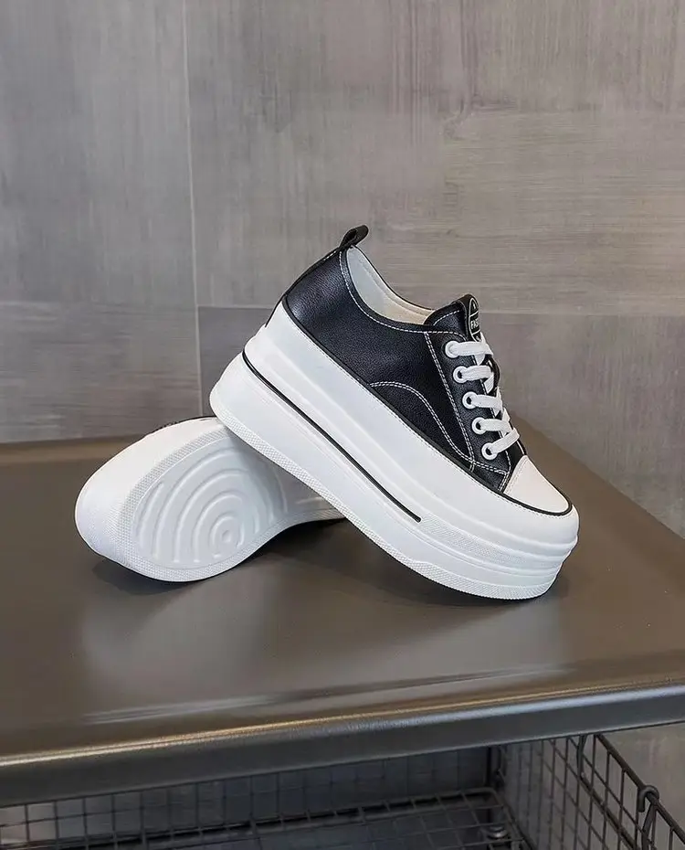 Women's Height-Increasing White Sneakers 2024 Spring New Round-Toe Lace-Up Breathable Student Height-Increasing Casual Platform Shoes with High Heels — feature 6