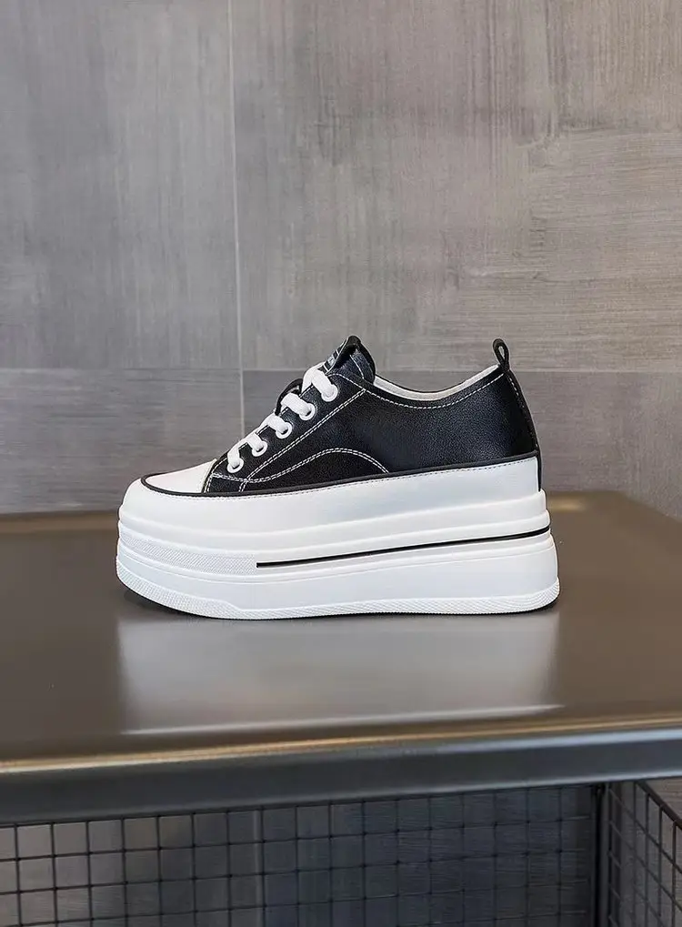 Women's Height-Increasing White Sneakers 2024 Spring New Round-Toe Lace-Up Breathable Student Height-Increasing Casual Platform Shoes with High Heels — feature 7