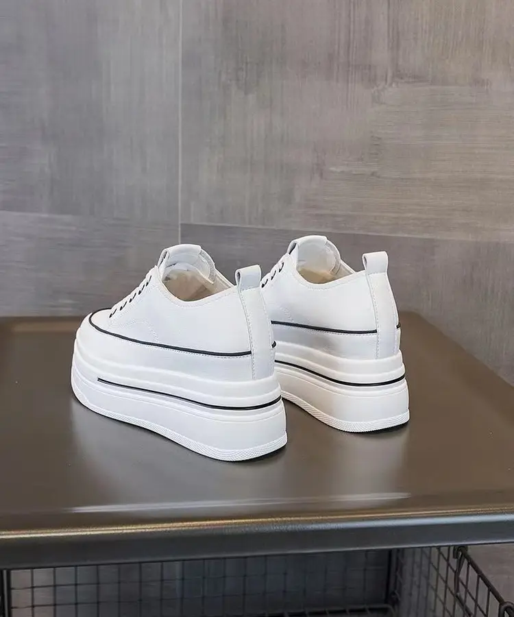 Women's Height-Increasing White Sneakers 2024 Spring New Round-Toe Lace-Up Breathable Student Height-Increasing Casual Platform Shoes with High Heels — feature 8