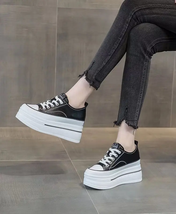 Women's Height-Increasing White Sneakers 2024 Spring New Round-Toe Lace-Up Breathable Student Height-Increasing Casual Platform Shoes with High Heels — feature 9