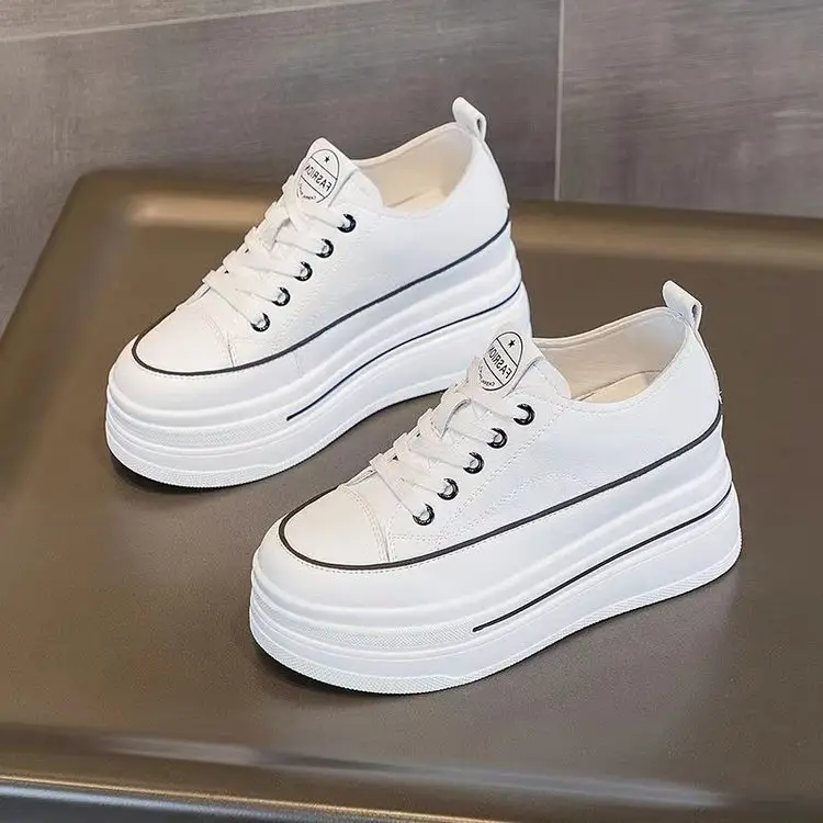 Women's Height-Increasing White Sneakers 2024 Spring New Round-Toe Lace-Up Breathable Student Height-Increasing Casual Platform Shoes with High Heels - Image 2