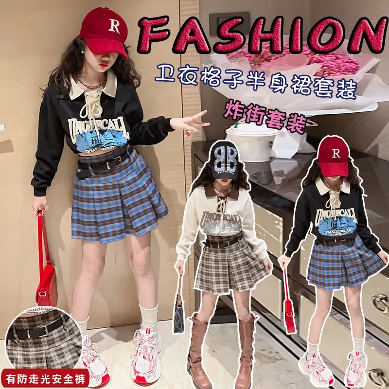 Girls Plaid Shorts Suit Blue White Belted Large - Image 6