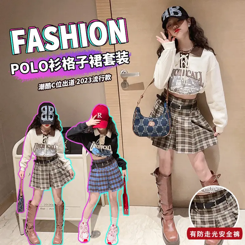 Girls Plaid Shorts Suit Blue White Belted Large - Image 7