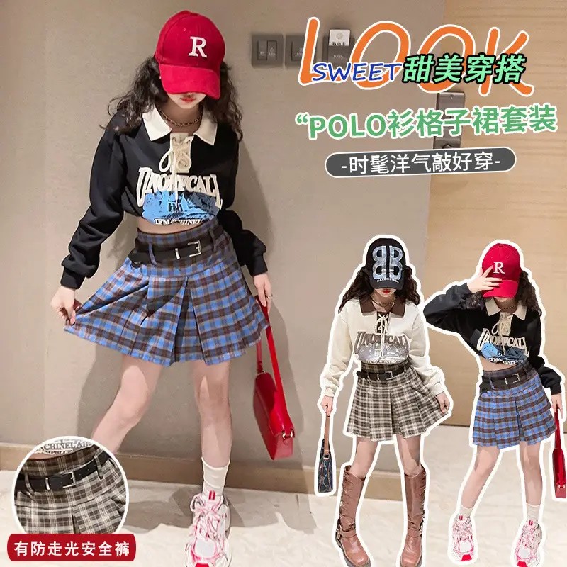Girls Plaid Shorts Suit Blue White Belted Large - Image 8