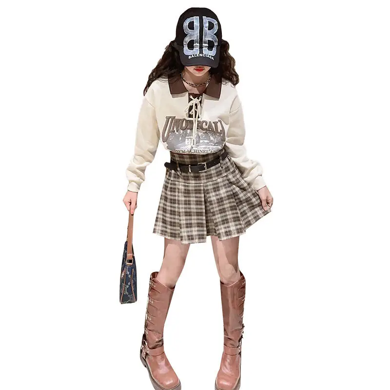 Girls Plaid Shorts Suit Blue White Belted Large - Image 9
