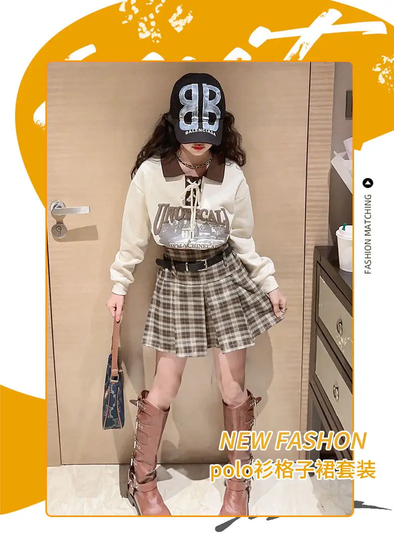 Girls Plaid Shorts Suit Blue White Belted Large — feature 1
