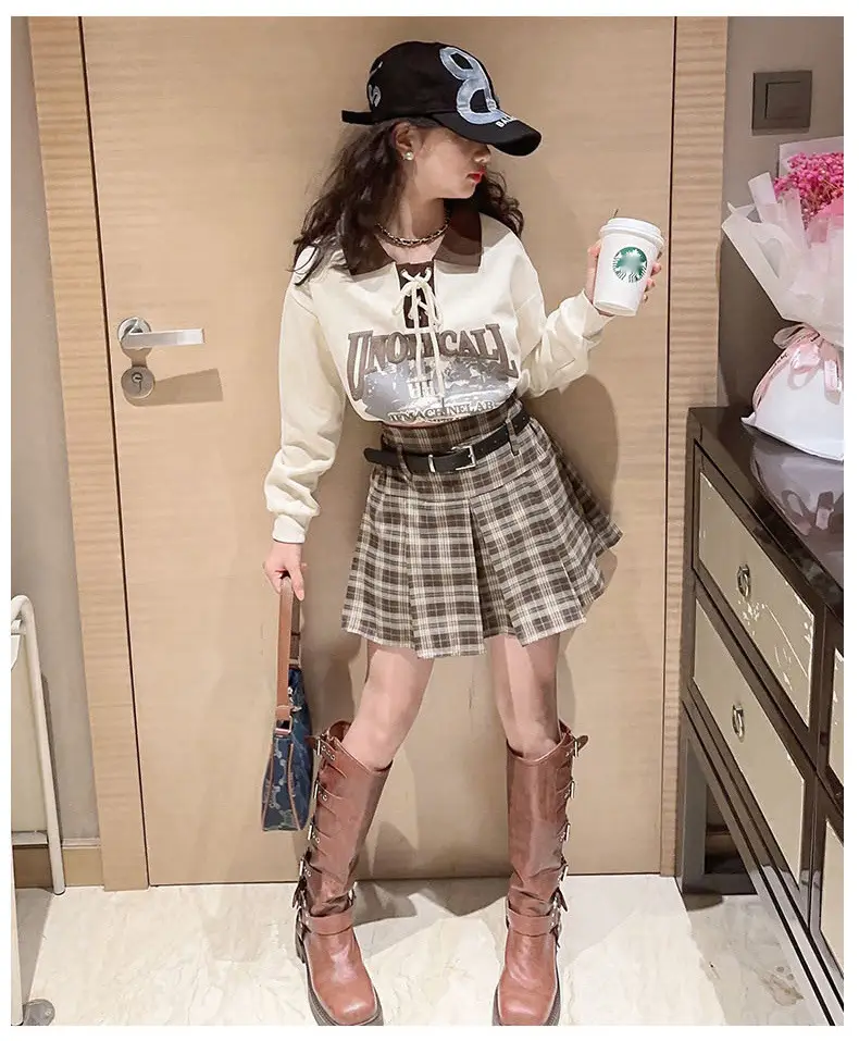 Girls Plaid Shorts Suit Blue White Belted Large — feature 10