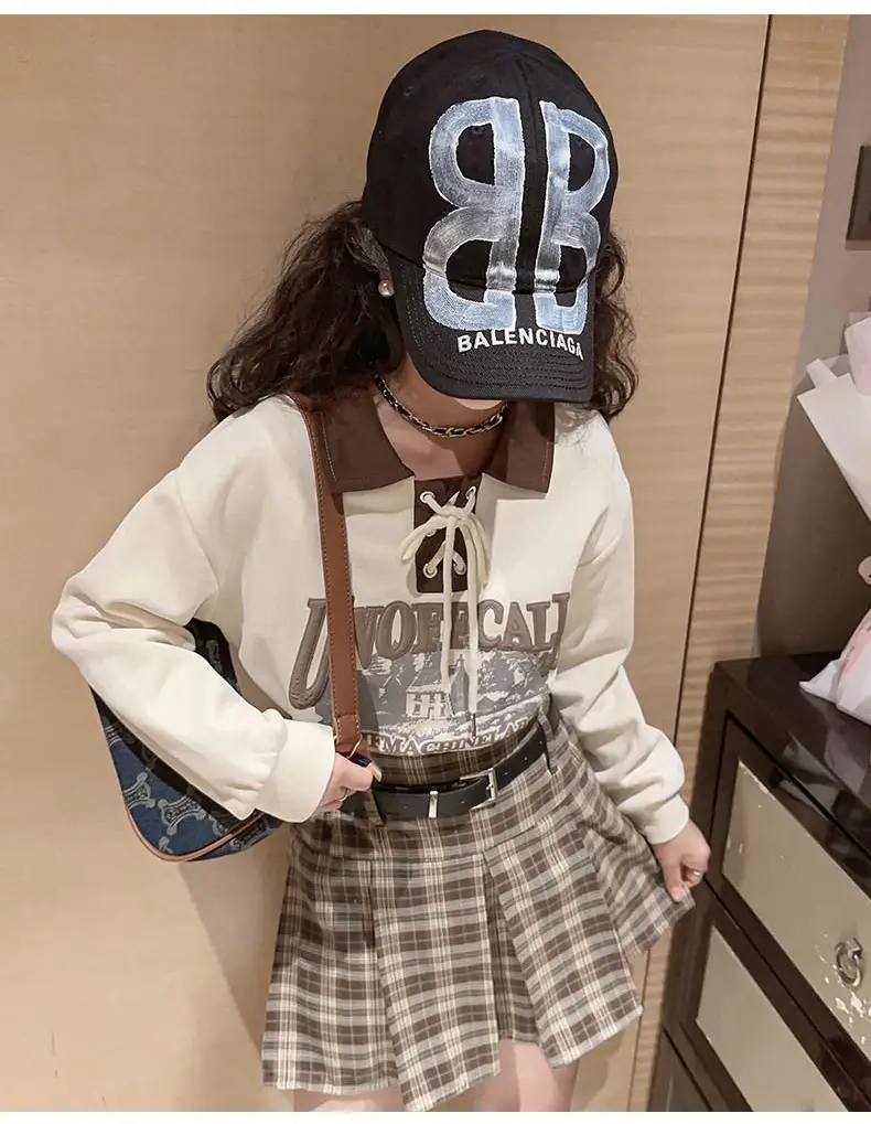 Girls Plaid Shorts Suit Blue White Belted Large — feature 11