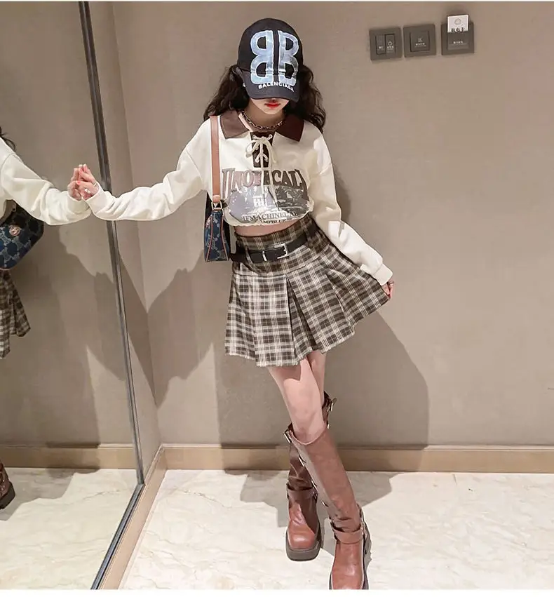 Girls Plaid Shorts Suit Blue White Belted Large — feature 12