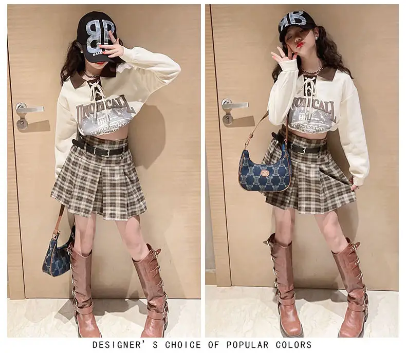 Girls Plaid Shorts Suit Blue White Belted Large — feature 13