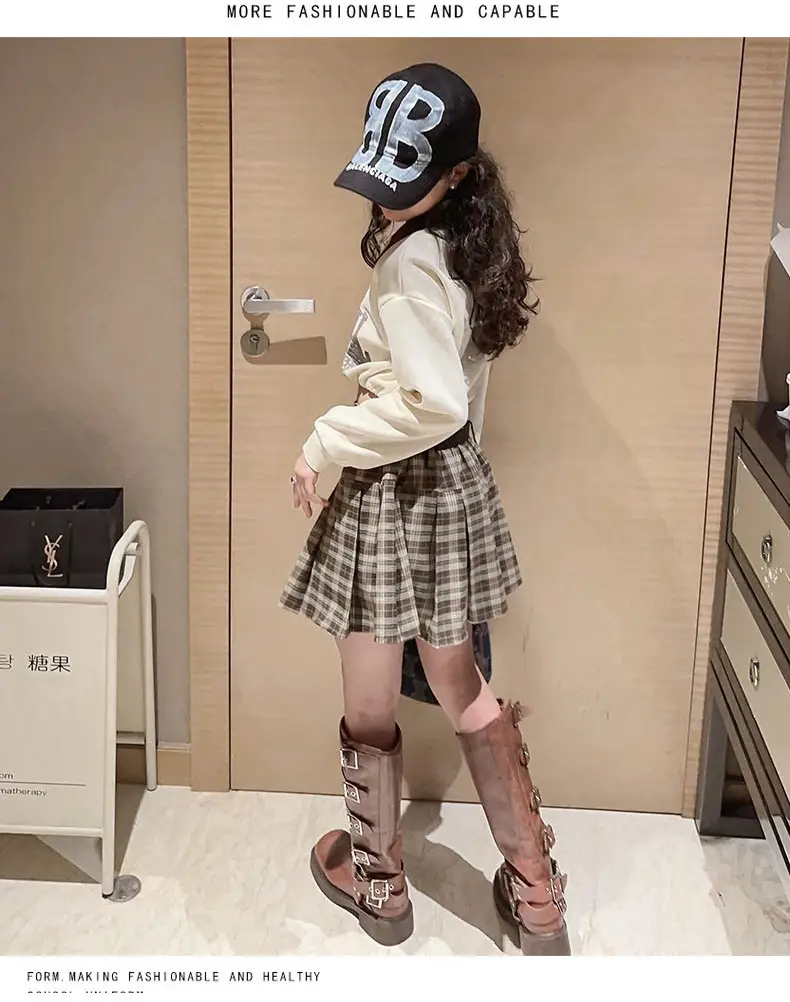 Girls Plaid Shorts Suit Blue White Belted Large — feature 14