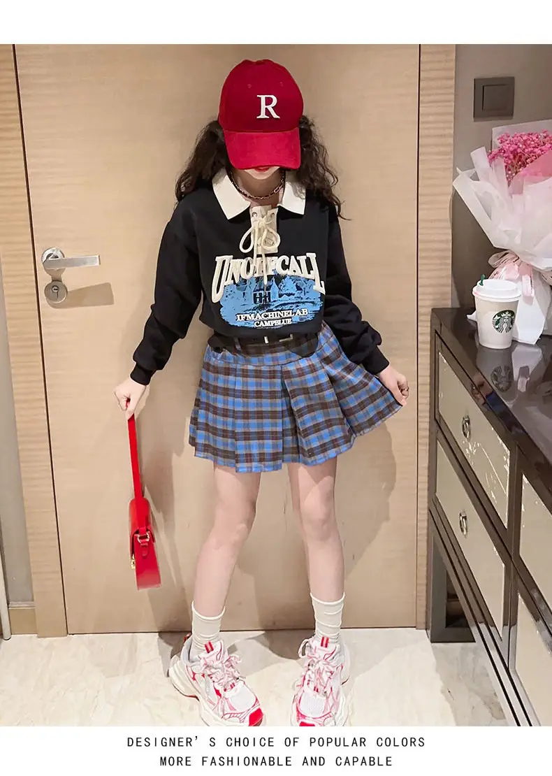 Girls Plaid Shorts Suit Blue White Belted Large — feature 15